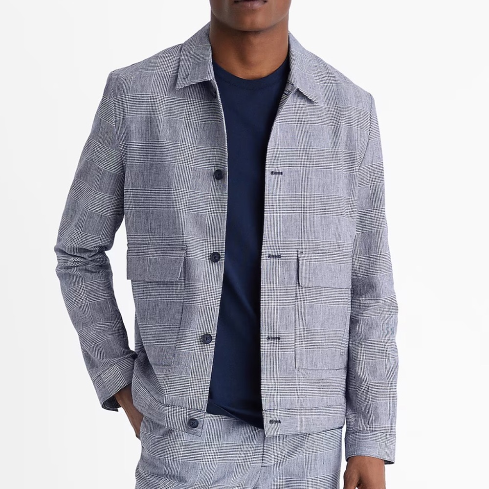 NWT Express Slim Blue Plaid Linen-Blend Shirt Jacket, Size XS